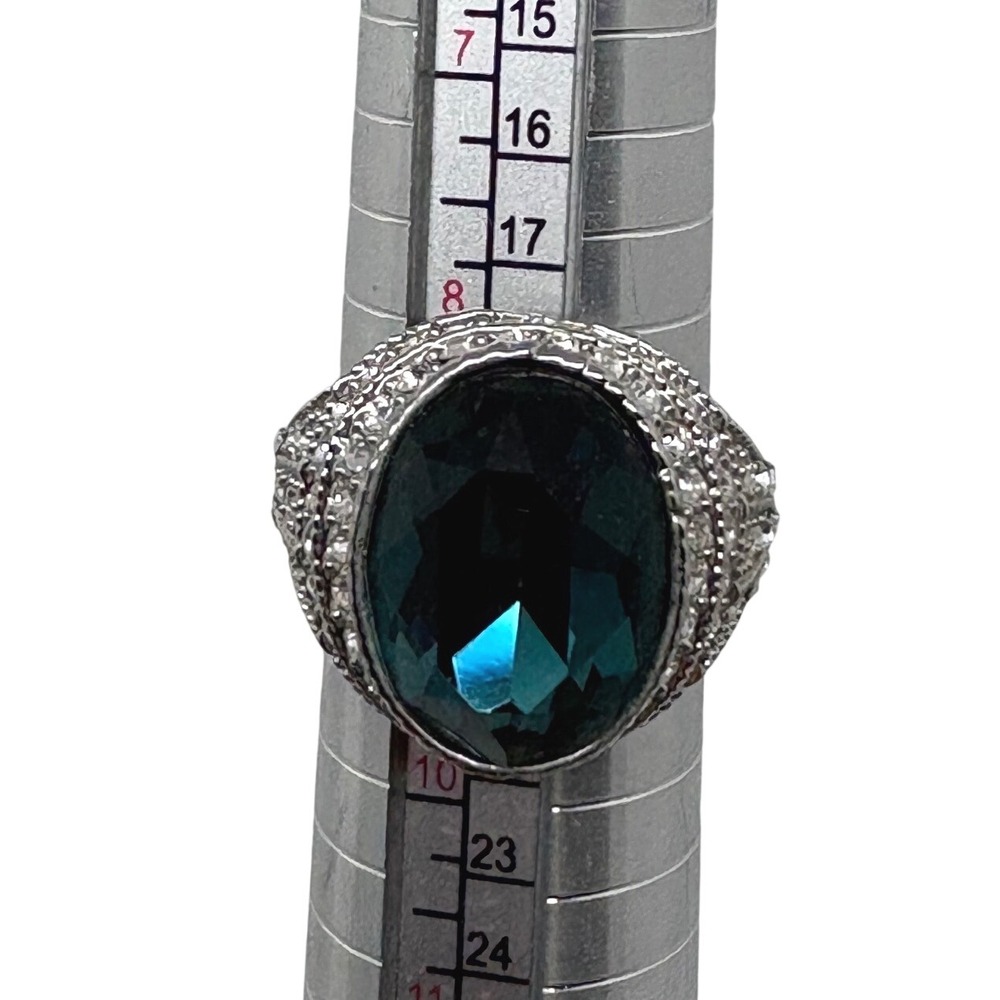Blue Oval Crystal Statement Cocktail Ring Silver Tone Pavé Rhinestones Size 9‎